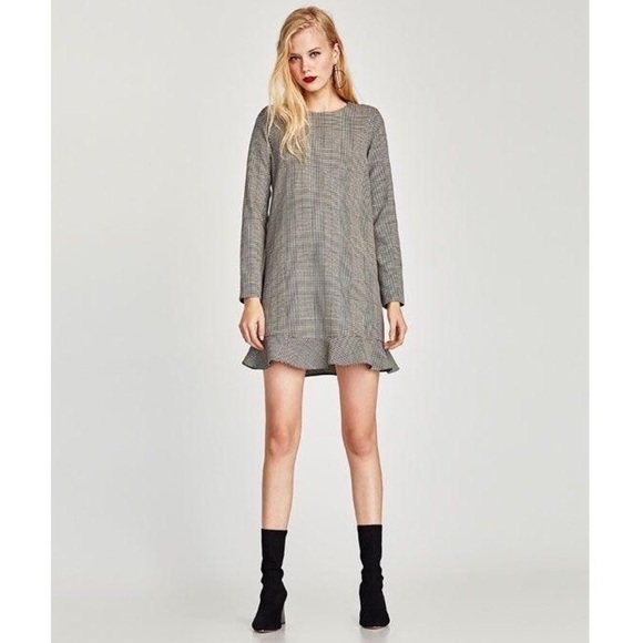 Zara Houndstooth Long Sleeve Ruffle Hem Mini Dress - Picture 1 of 8